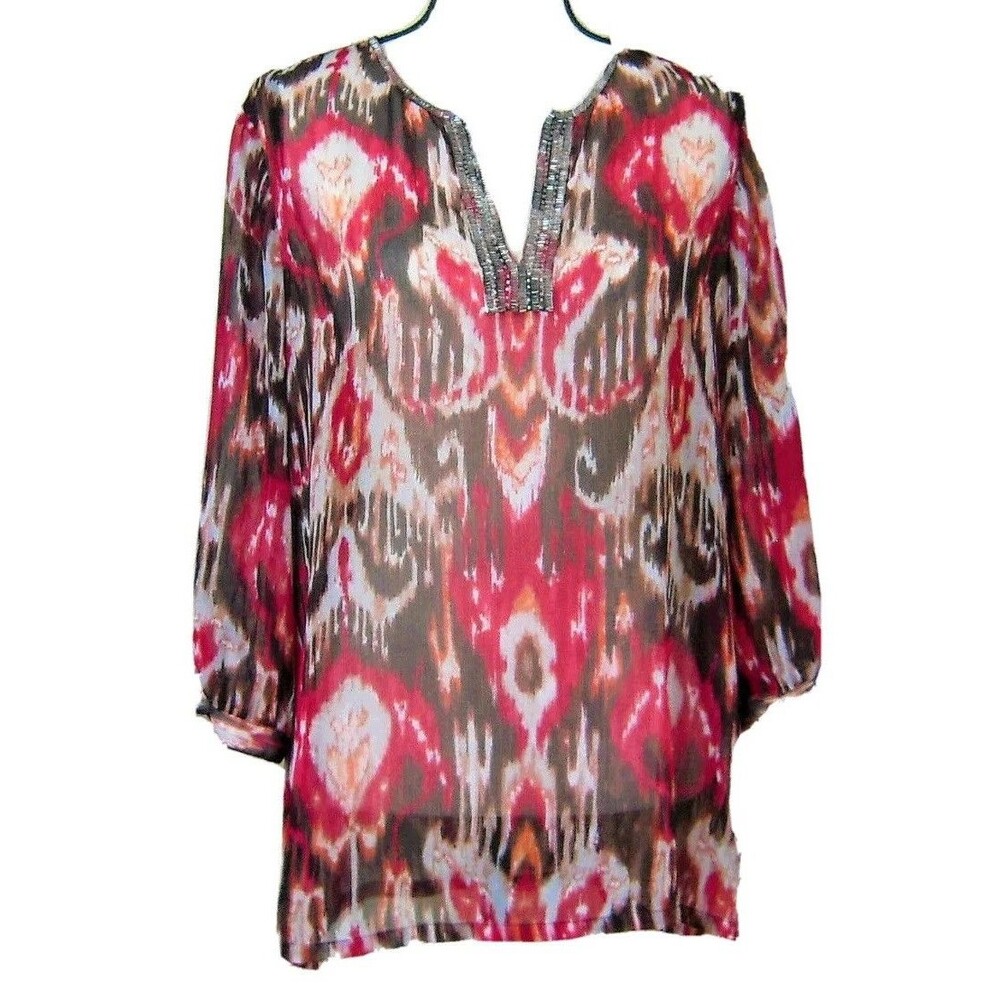 Chicos Ikat Sheer Tunic Top Sz 1/M Red Brown Beaded Split V-Neck Boho Festival